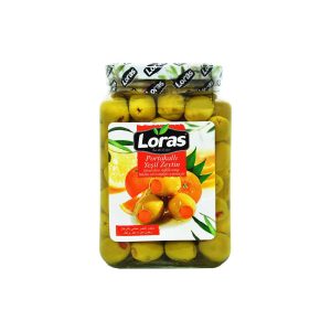 زیتون سبز با مغز پرتغال Loras حجم 1500 گرم